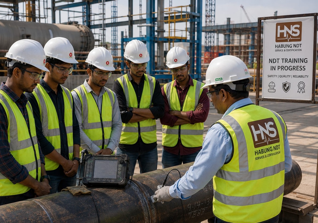 NDT technicians testing a pipeline weld